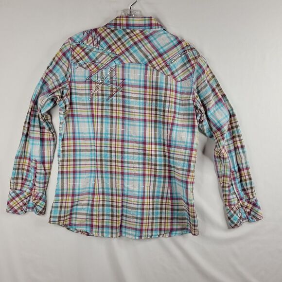 L ARIAT embroidered metallic snap plaid WESTERN RODEO PINK SILVER shirt LARGE - Picture 13 of 15